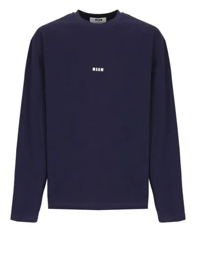 Msgm Logo Front Cotton T-shirt With Round Neck In Blue
