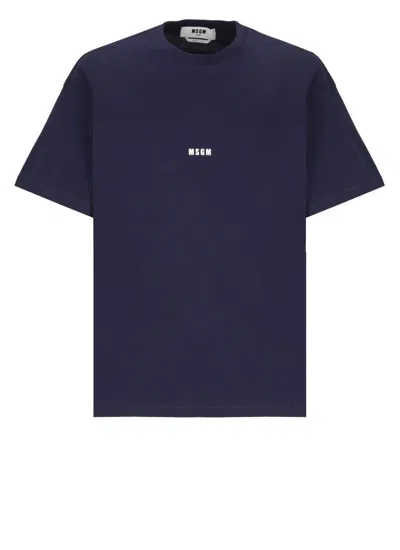 Msgm Blue Cotton Crew Neck T-shirt With Logo