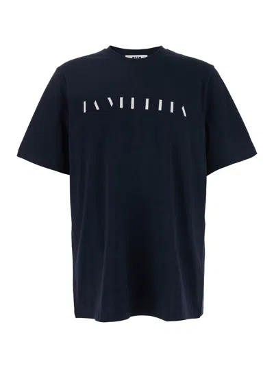 MSGM BLUE CREWNECK T-SHIRT WITH PRINT ON THE FRONT IN COTTON MAN