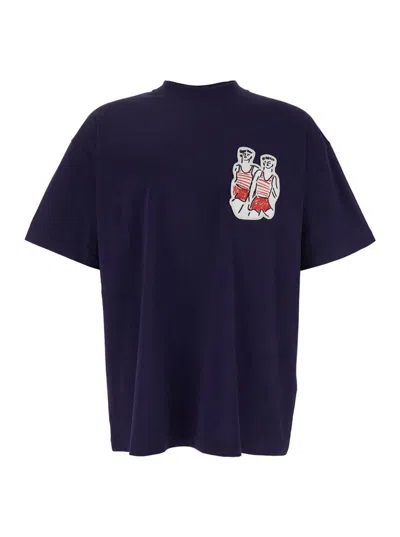 Msgm Blue Crewneck T-shirt With Patch On The Front And Logo Lettering On The Back In Cotton Man