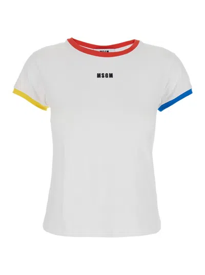 Msgm White T-shirt With Embroidered Logo On The Front And Contrasting Edges