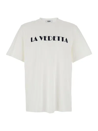Msgm White Crewneck T-shirt With Print On The Front In Cotton Man