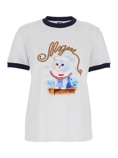 Msgm White Crewneck T-shirt With Logo Print On The Front