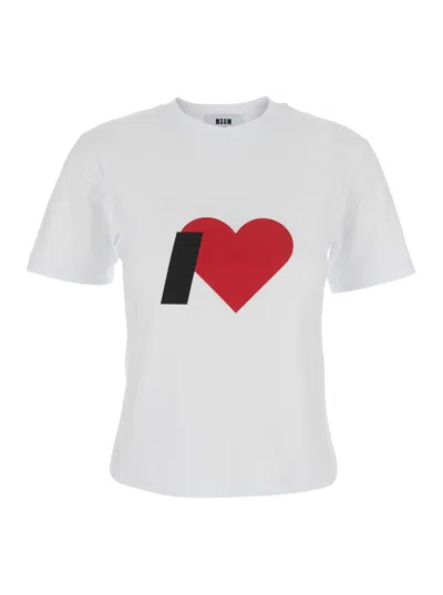MSGM WHITE CREWNECK T-SHIRT WITH PRINT ON THE FRONT AND LOGO LETTERING ON THE REAR IN COTTON WOMAN