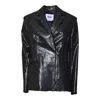 Msgm Tailored Black Jacket With Asymmetrical Zipper And Crinkled Texture In Black
