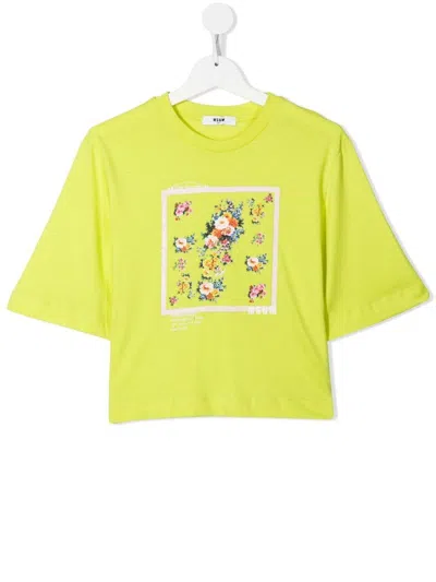 Msgm Teen Floral-print Cropped T-shirt In Yellow