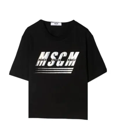 Msgm Teen Logo-print Metallic T-shirt In Black