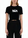 Msgm Textured Cropped Black T-shirt With Bold Logo In Blue