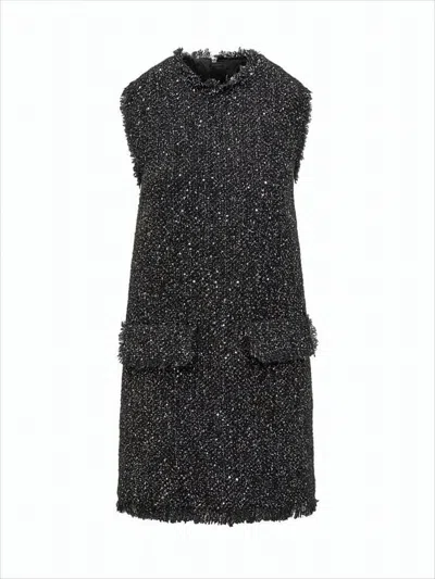 Msgm Textured Midi Dress With Fringed Hem In Black