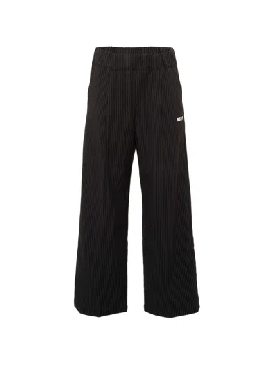 Msgm Kids' Thin Striped Pants With Logo Print In Black