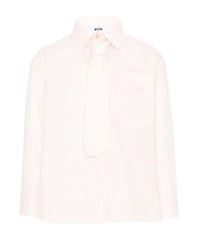Msgm Tie-detail Logo-embroidered Shirt In Neutral