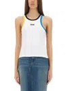 Msgm White Ribbed Top With Logo Embroidered On The Front