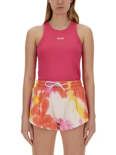 Msgm Fuchsia Logo Round Neck Top In Pink