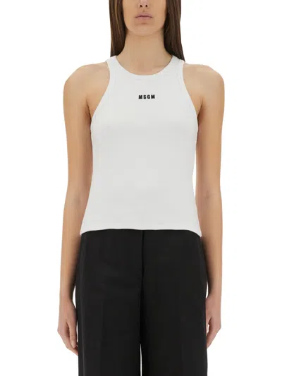 Msgm Logo Racerback Ribbed Slim Fit Tops In White