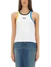 Msgm White Ribbed Top With Logo Embroidered On The Front In White