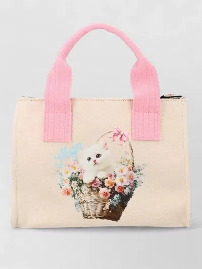 Msgm Tote Bag Rectangular Shape Top Handles Print In Pink