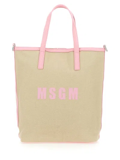 Msgm Tote Bag With Logo In Nude & Neutrals