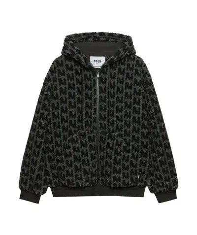 Msgm Towelled Finish Logo-patterned Zipped Hoodie In Black