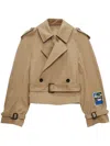Msgm Beige Double-breasted Crop Trench Coat With Waist Belt And Patch On The Sleeve In Cotton Woman In Neutrals