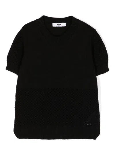 Msgm Kids' Tricot-knit Short-sleeve Top In Black