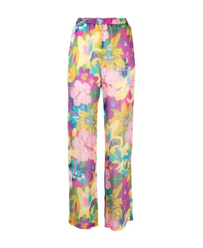 Msgm Tropical-print Semi-sheer Straight-leg Trousers In Pink