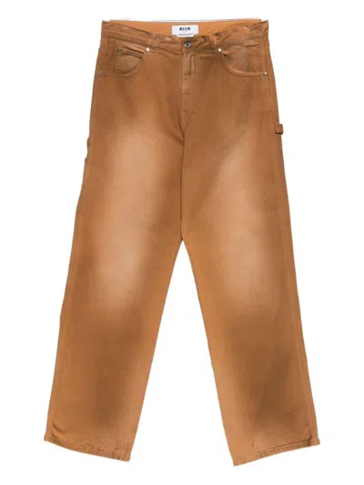 MSGM MSGM BROWN COTTON PANTS WITH WORN EFFECT