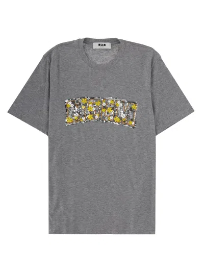 Msgm T-shirt Con Logo Con Paillettes In Gray