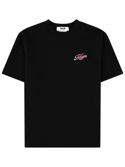 Msgm Black Logo Embroidered Cotton T-shirt