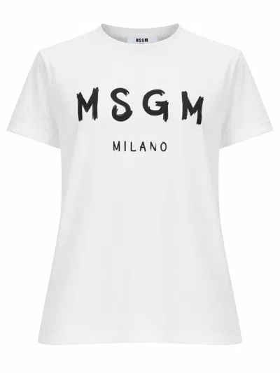 Msgm T-shirt Con Logo Pennellato In White