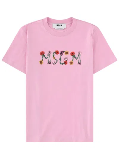 Msgm Logo-embroidered Cotton T-shirt In Pink