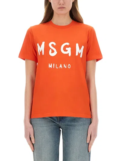 Msgm Tshirt With Logo In Orange