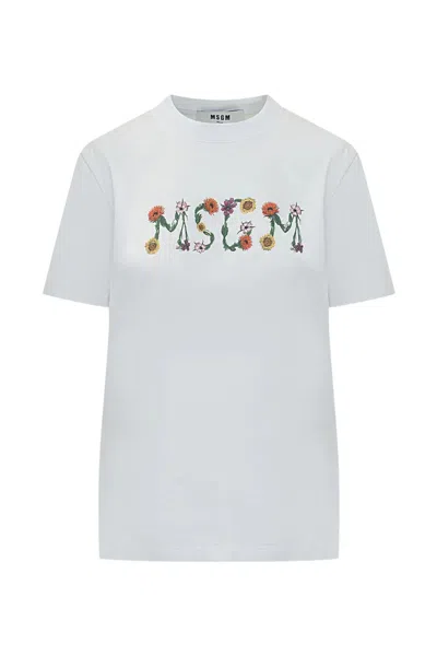 Msgm Neutrals Floral Logo Playful Embroidered Cotton T-shirt In White