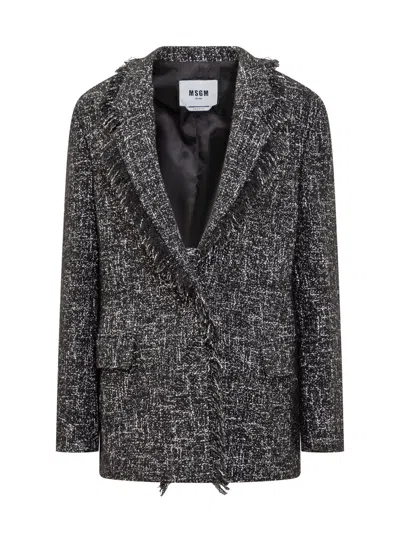 Msgm Tweed Blazer With Fringed Detail In Black