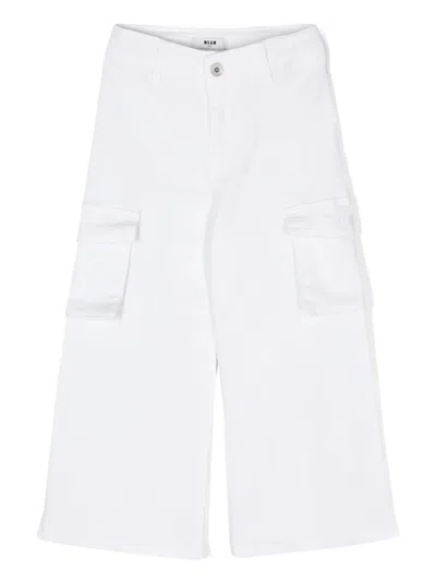 Msgm Kids' Twill Stretch-cotton Trousers In White