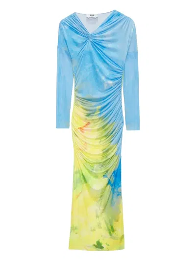 Msgm Twisted-neck Print Dress In Blue