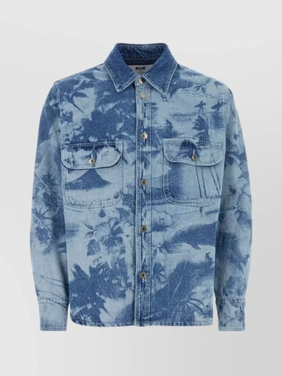 Msgm Palm Tree-print Cotton Shirt In Blue