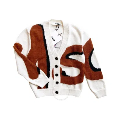 Msgm V- Neck Kids Cardigan With Logo In Beige