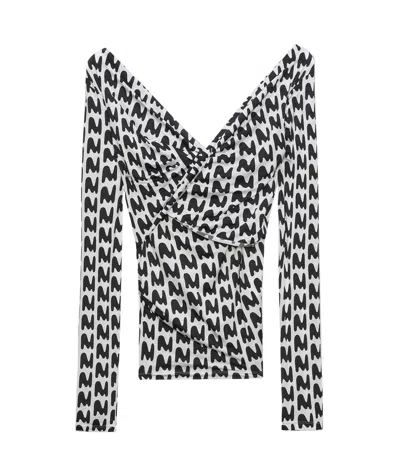 Msgm V-neck All-over Logo-print Top In Black And White