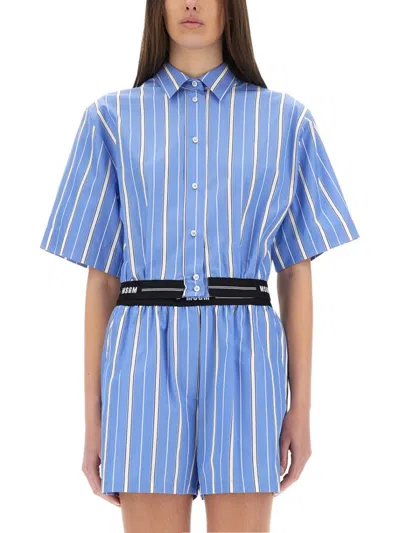 Msgm Vertical Stripe Cropped Shirt In Blue