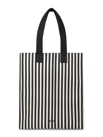 Msgm Vertical Striped Cotton Tote With Black Handles In Gray