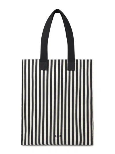 Msgm Vertical Striped Cotton Tote With Black Handles In Gray