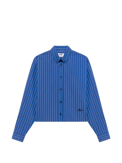 Msgm Vertical-stripe Cropped Shirt In Blue