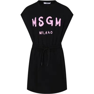 Msgm Kids' Vestito Nero Per Bambina Con Logo In Black