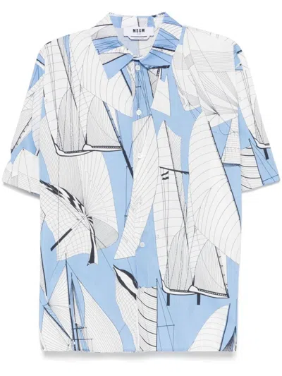 Msgm Vibrant Sailboat Print Shirt With Straight-point Collar