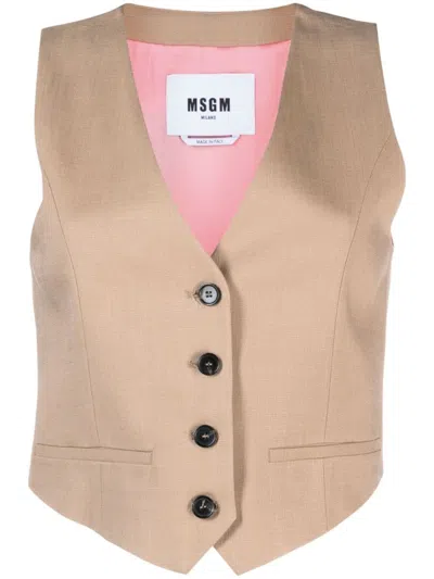 Msgm V-neck Panelled Waistcoat In Beige