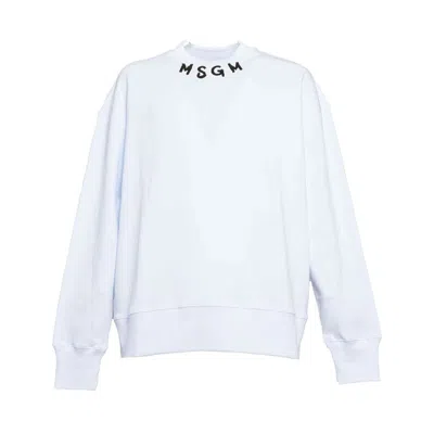 Msgm White Cotton Crewneck Sweatshirt Brush Logo Print On Neck