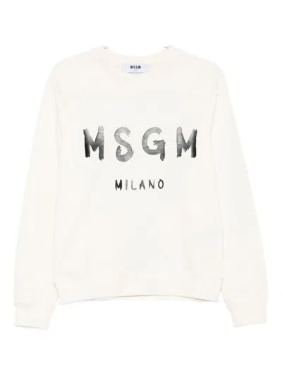 Msgm White Cotton Crewneck Sweatshirt With Logo