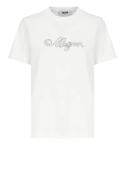 Msgm Relaxed-fit White Cotton T-shirt With Embroidered Logo
