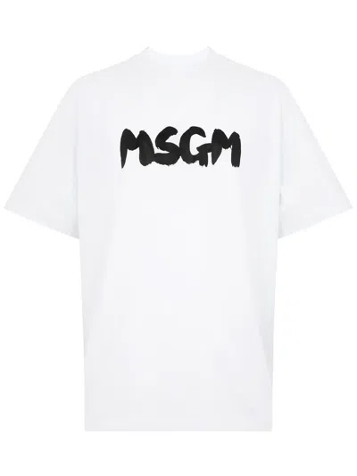 Msgm White Cotton T-shirt With Logo Print