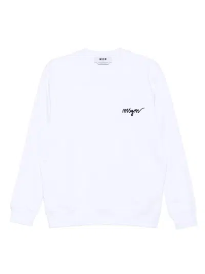 MSGM WHITE CREWNECK SWEATSHIRT WITH SCRIPT LOGO